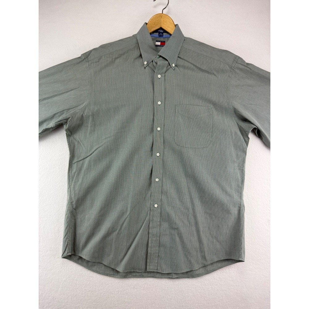 Tommy Hilfiger Dress Shirt Mens 16 32-33 Green Micro Check Cotton Long Sleeve